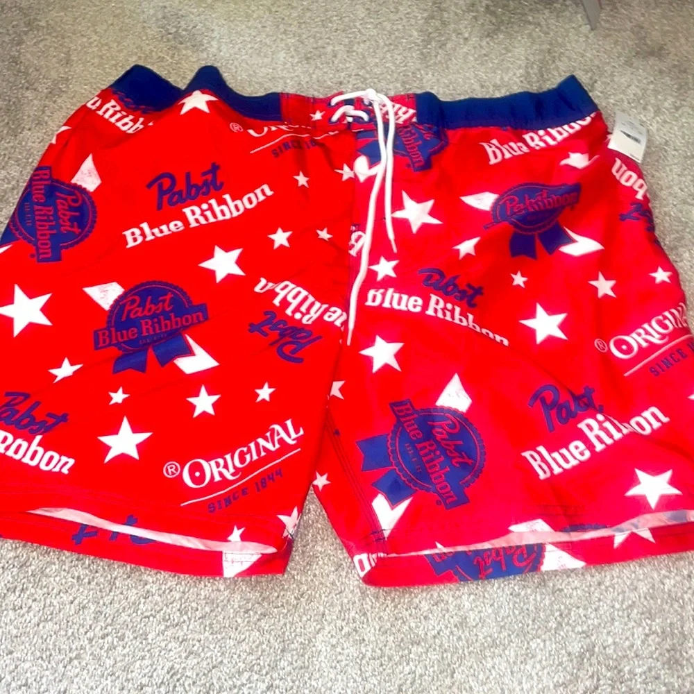 Pabst Blue Ribbon board shorts on red white and blue size XXl